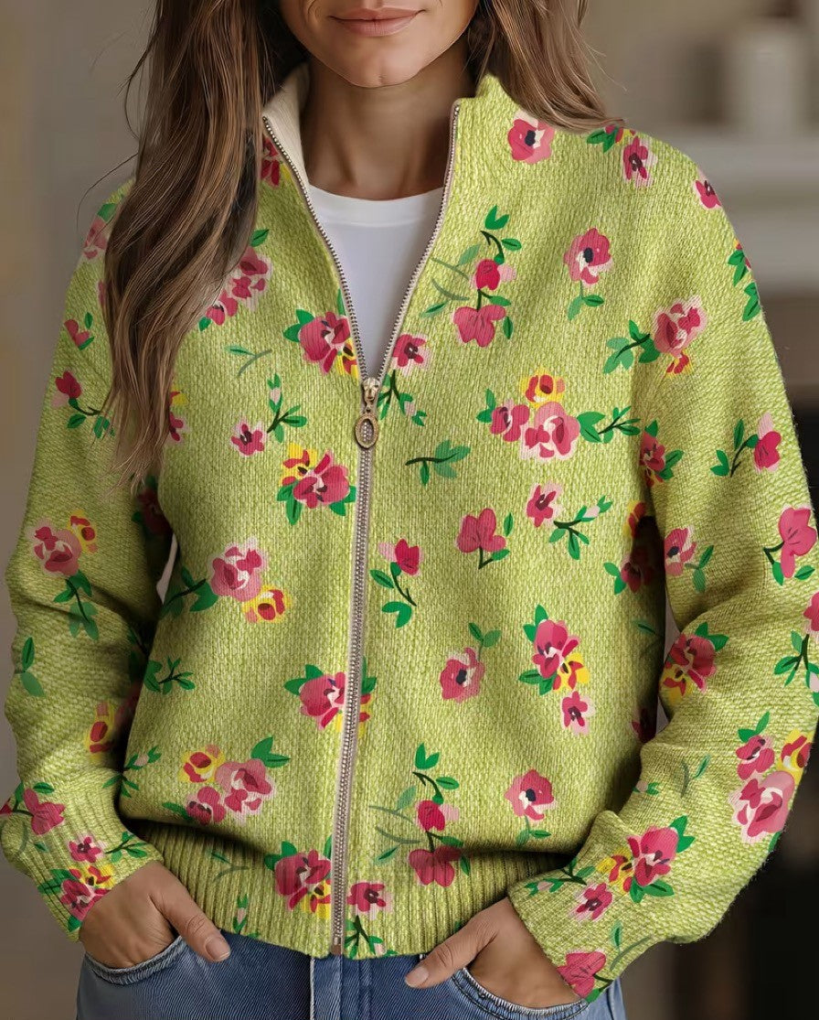 Rosalie | Limegroen vest met rits en roze bloemen