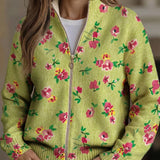 Rosalie | Limegroen vest met rits en roze bloemen