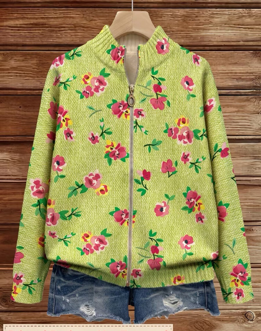 Rosalie | Limegroen vest met rits en roze bloemen