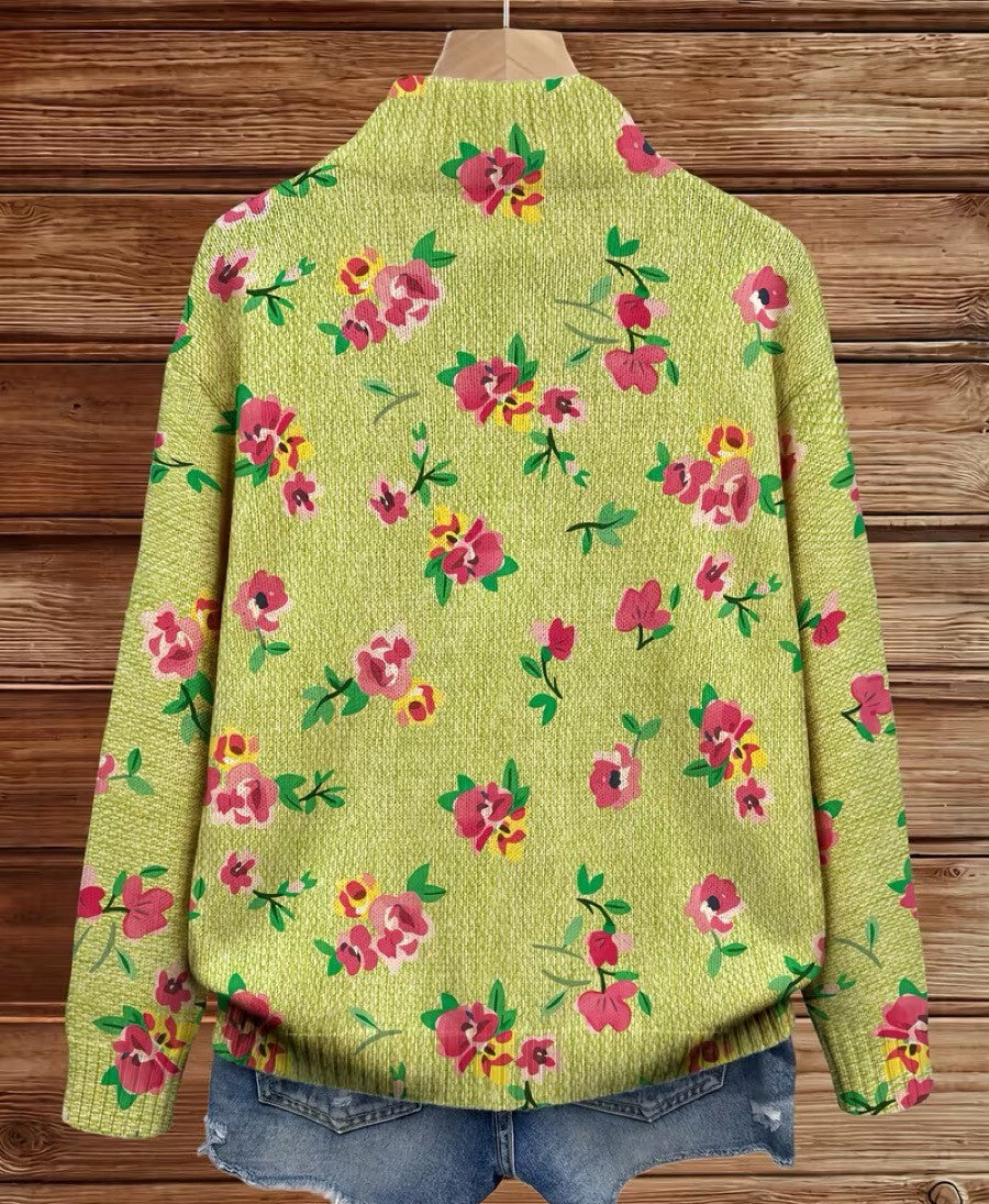 Rosalie | Limegroen vest met rits en roze bloemen