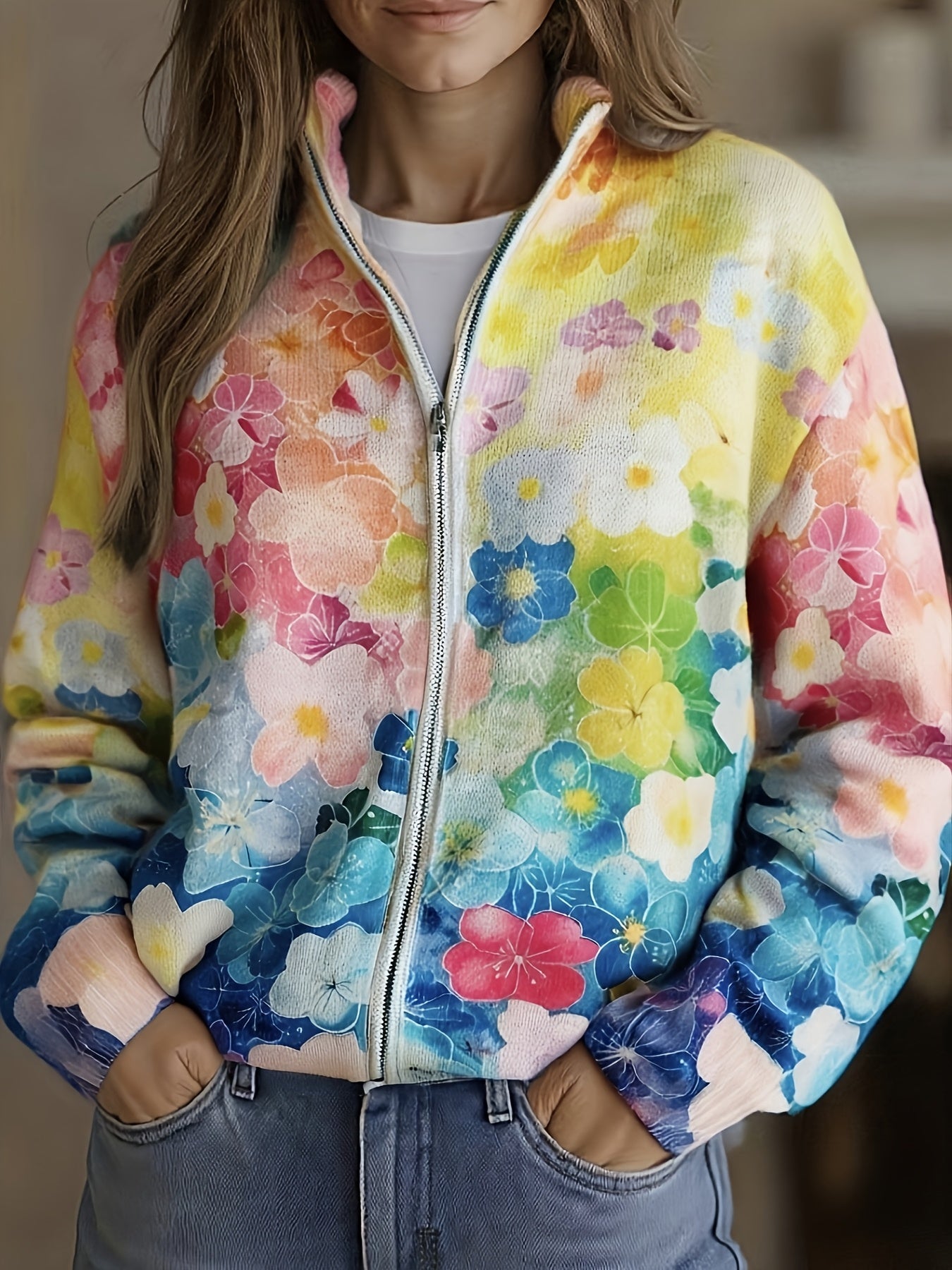 Tineke | Vest met rits en aquarelbloemen in kleurverloop
